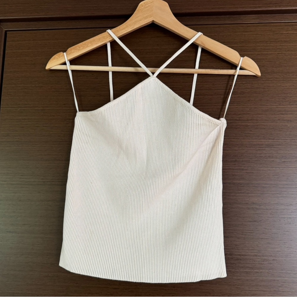 Zara knit halter neck cream color front cross ribbed tank top